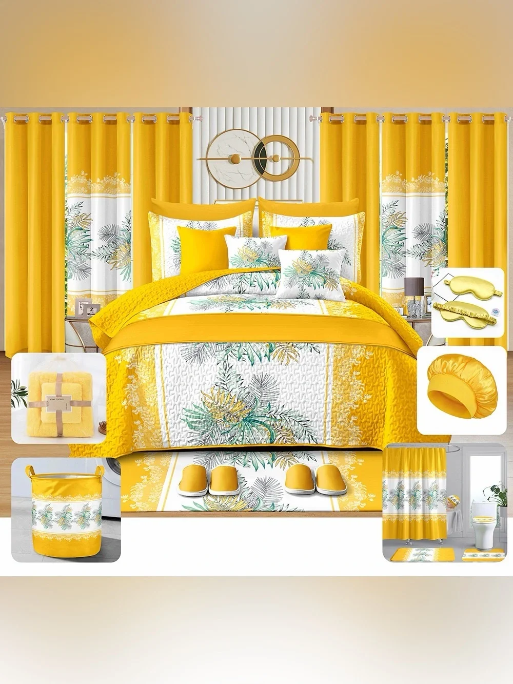 Bedspread Sunflower Yellow and Gray Floral Bedding Set 30 pieces
